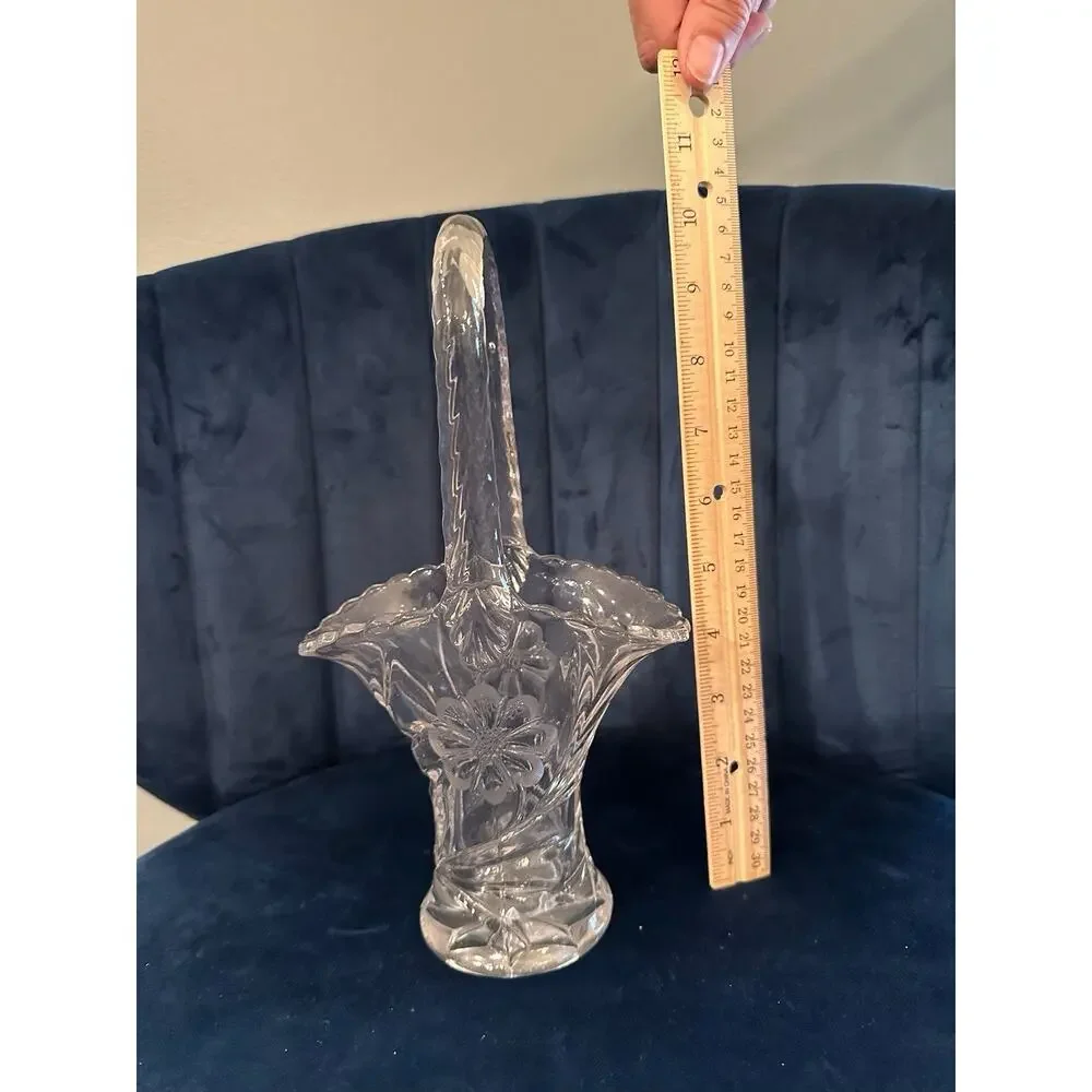 Vintage Clear Pressed Glass Floral Etched‎ Basket Scalloped Rim 11 Inch Tall